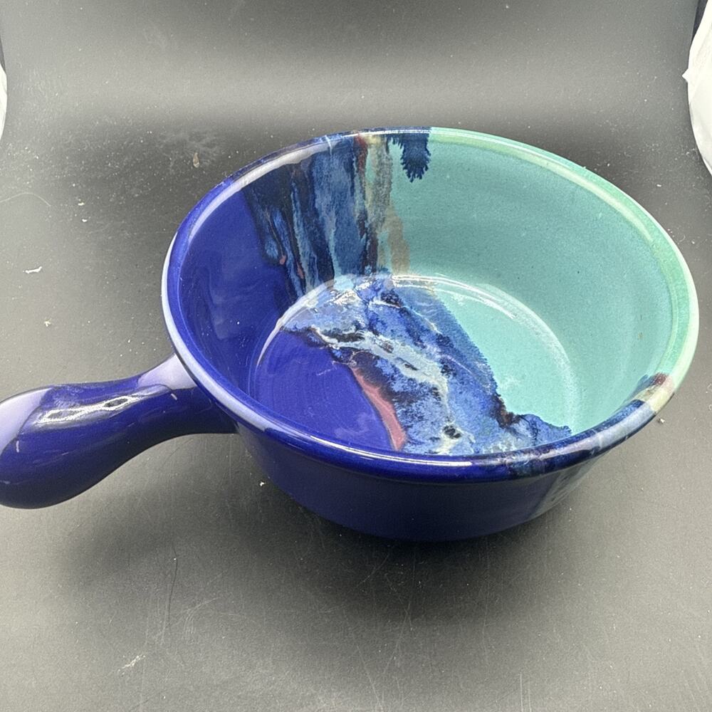 Neher Studio Pottery Bowl With Handle Blue Green Dripped Glaze Signed 2004